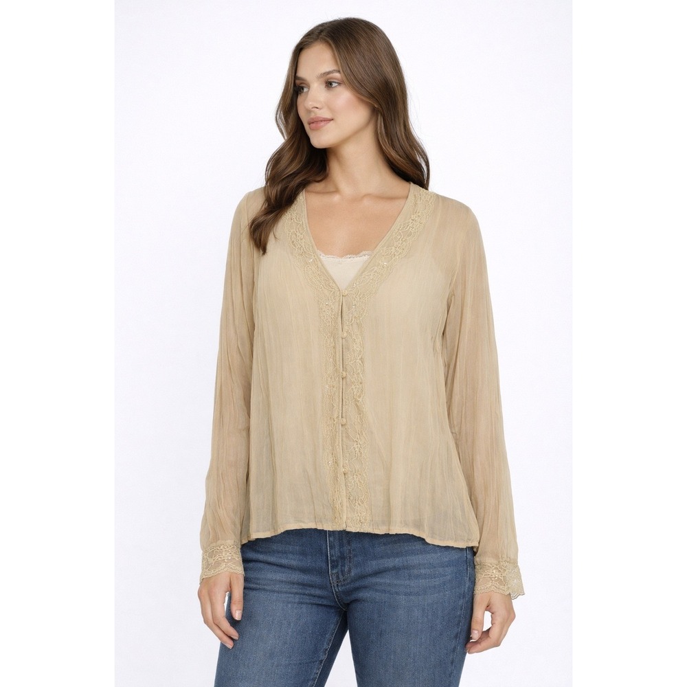2/$30 Notations L Ivory Boho Blouse Lace Embroidered Beaded V-Neck Long Sleeve